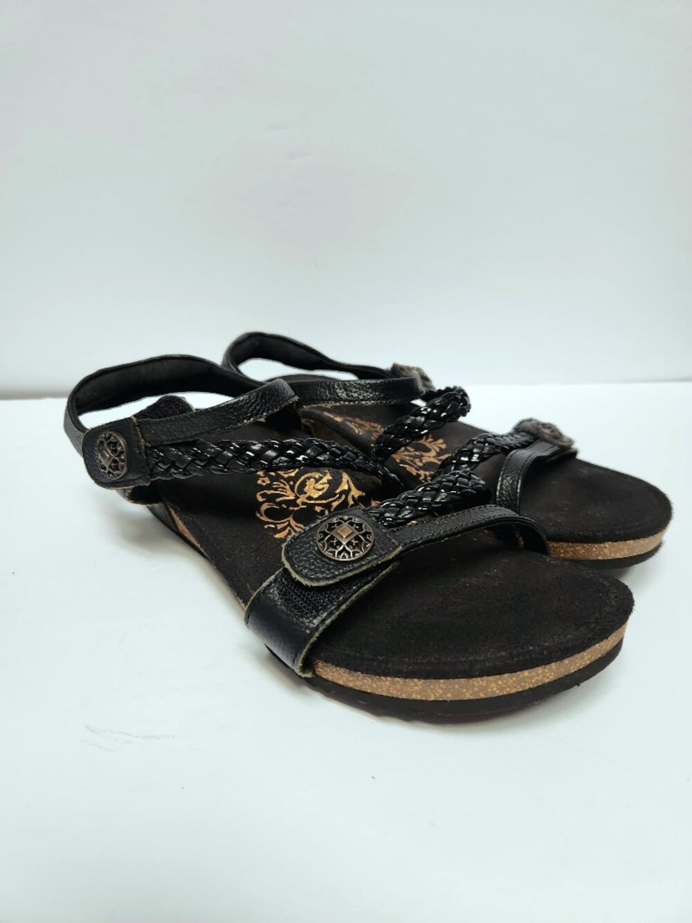 Aetrex Jillian Braided Quarter Strap Sandal Black Leather Wedge Cork Comfort 9